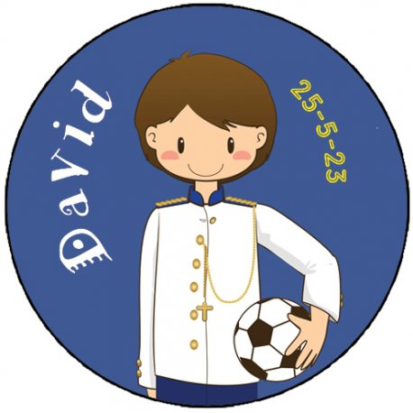 Pegatina de Comunión personalizada de niño chutando un balón de fútbol
